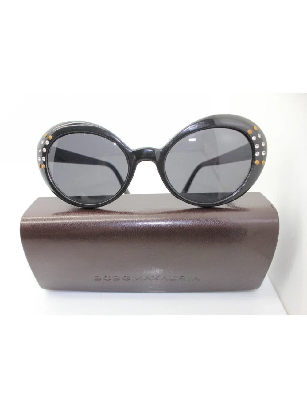 Vintage BCBGMAXAZRIA Rhinestone Cat Eye Oval Sunglasses Black Retro Case